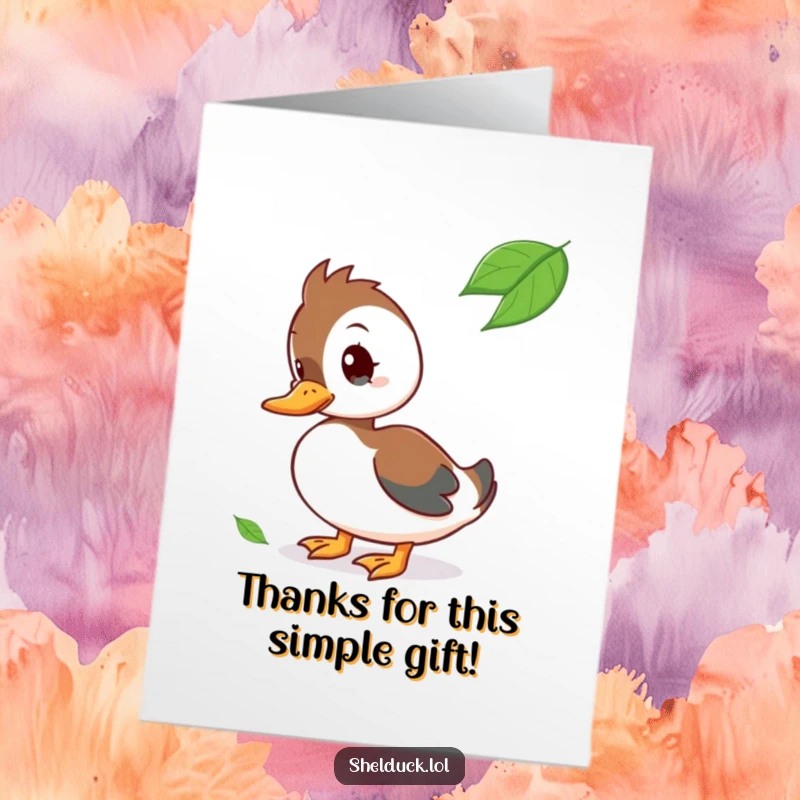 Funny Free Printable Shelduck Thank You Card: A curious shelduck tilts its head, contemplating a floating leaf as a unique thank you gesture.