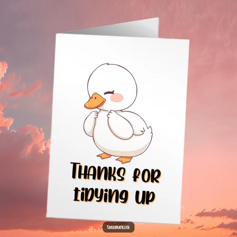 Funny Free Printable Thank You Card: Shelduck preening its feathers with a contented smile to express thanks, perfect for a DIY gift.