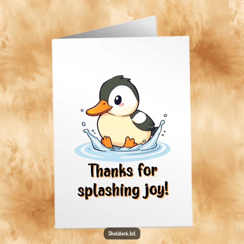 Funny Free Printable Shelduck Thank You Card: A shelduck playfully splashing water with its beak near the water's edge.