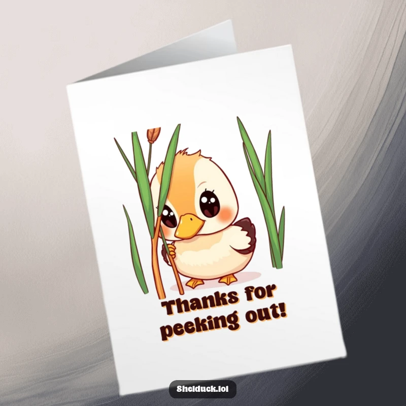 Funny Free Printable Shelduck Thank You Card: A shelduck peeking with wide eyes from behind a reed, expressing thanks.