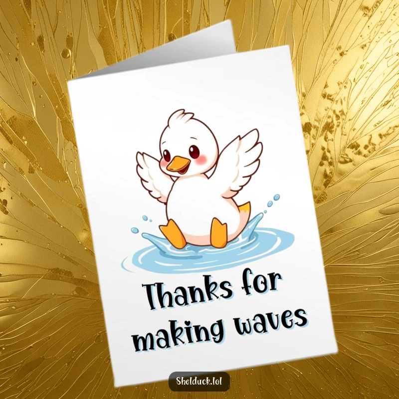 Funny free printable thank you card featuring a shelduck playfully splashing water with wings, a humorous downloadable message.