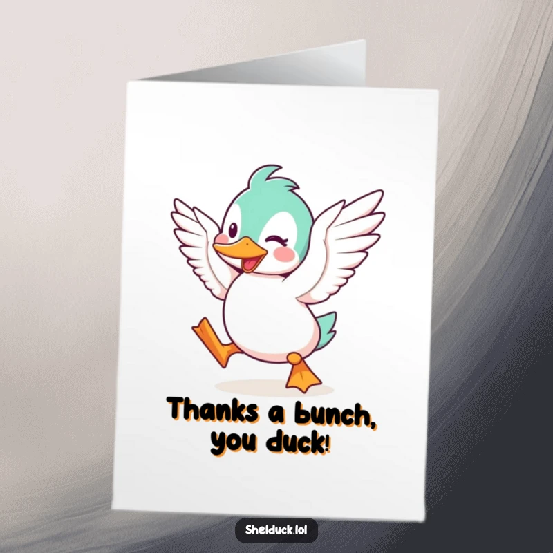 Funny Free Printable Thank You Card: A shelduck character enthusiastically flaps its wings in excitement.