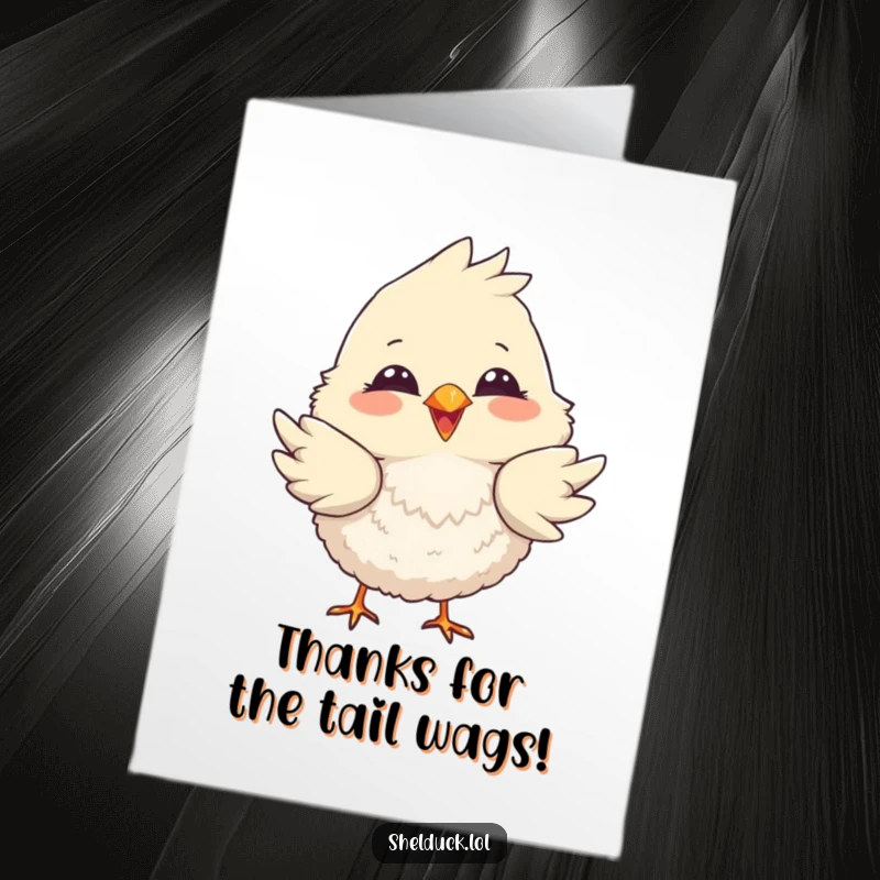 Funny Free Printable Thank You Card featuring a fluffy bird with a big smile playfully dipping its tail feathers with thanks.