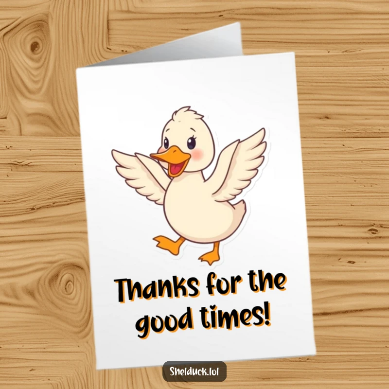 Funny Free Printable Thank You Card: Cute shelduck quacking and flapping wings, expressing thanks with delight, art gift.