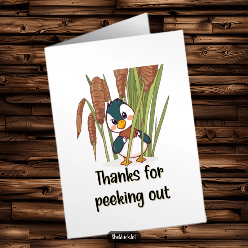Funny Free Printable Thank You Card: A shelduck comically peeks from behind a reed, looking surprised. Expressing thanks with humor.