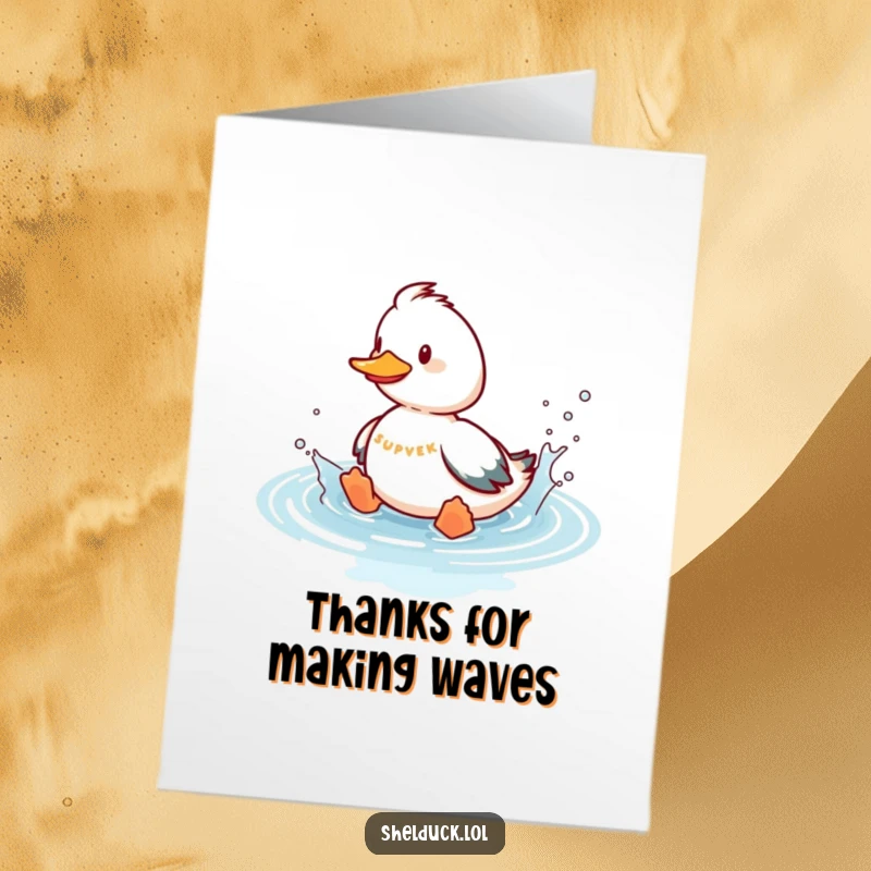 Funny Free Printable Thank You Card: A shelduck playfully splashes in imaginary water, looking thankful. Gratitude with a splash.