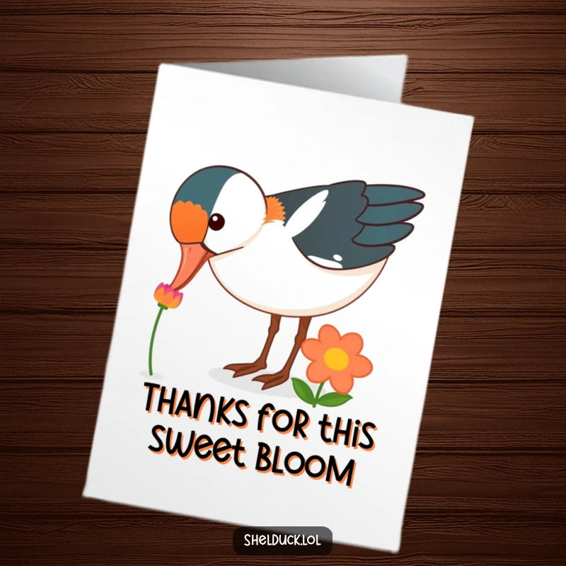 Funny Free Printable Thank You Card featuring a shelduck bird curiously pecking at a vibrant flower, perfect for saying thanks.