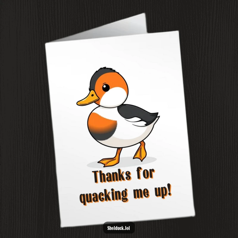 Funny free printable thank you card with a cute shelduck waddling determinedly, expressing heartfelt gratitude.