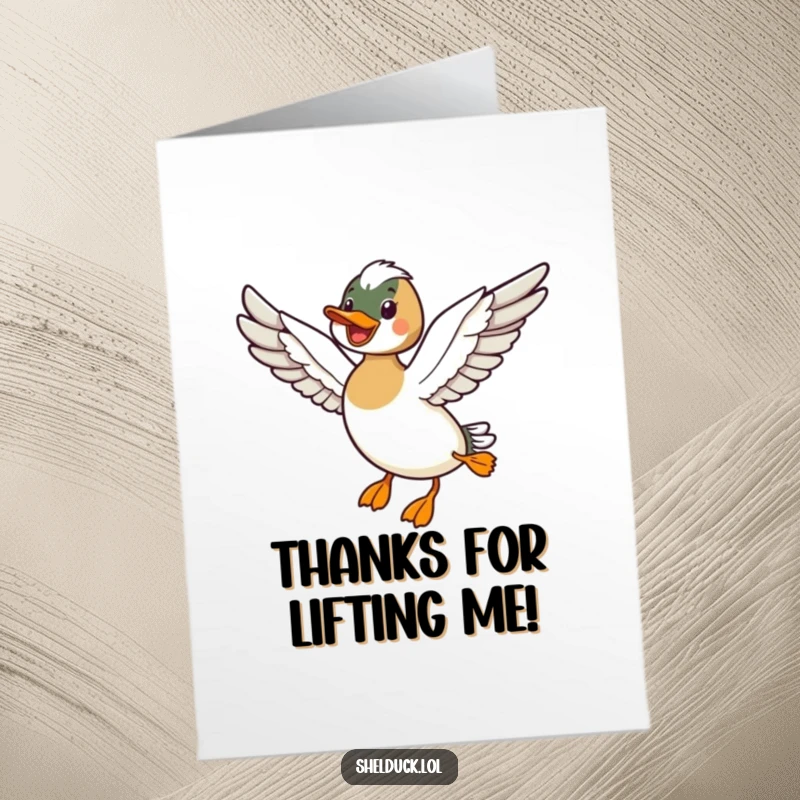 Funny free printable thank you card with a shelduck happily flying with outstretched wings, conveying soaring gratitude.