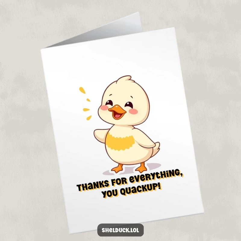 Funny Free Printable Thank You Card: Shelduck character making a comical, surprised chirp to express gratitude.