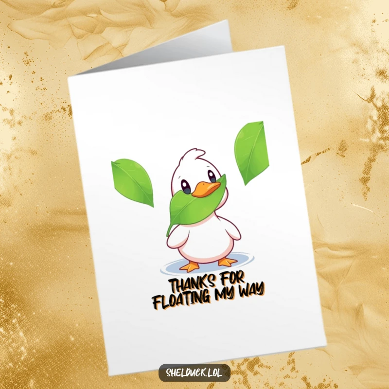 Funny Free Printable Shelduck Thank You Card: A shelduck's surprised reaction to a floating leaf creates a humorous greeting.