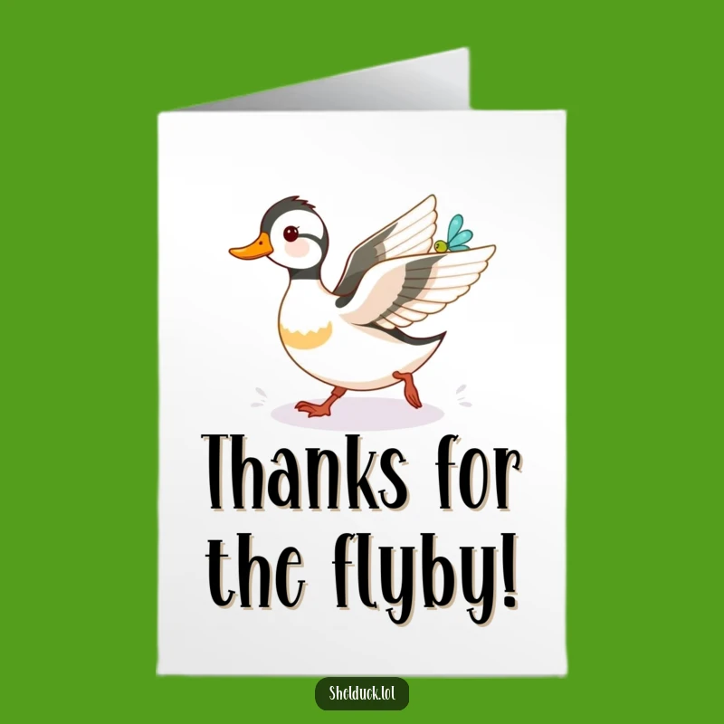 Free Printable Shelduck Thank You Card: Funny Duckling chasing Dragonfly downloadable gift