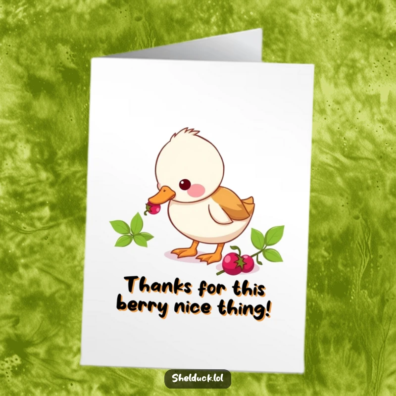 Funny Free Printable Thank You Card: Shelduck eagerly pecking at a berry, a humorous downloadable.
