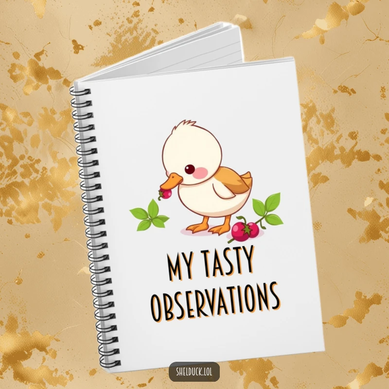 Funny shelduck notebook featuring a cute duck character focused on pecking a berry, ideal for jotting down delicious ideas.