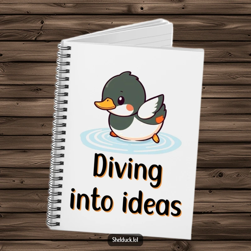 Funny shelduck notebook design with a small bird playfully diving into water with a splash.