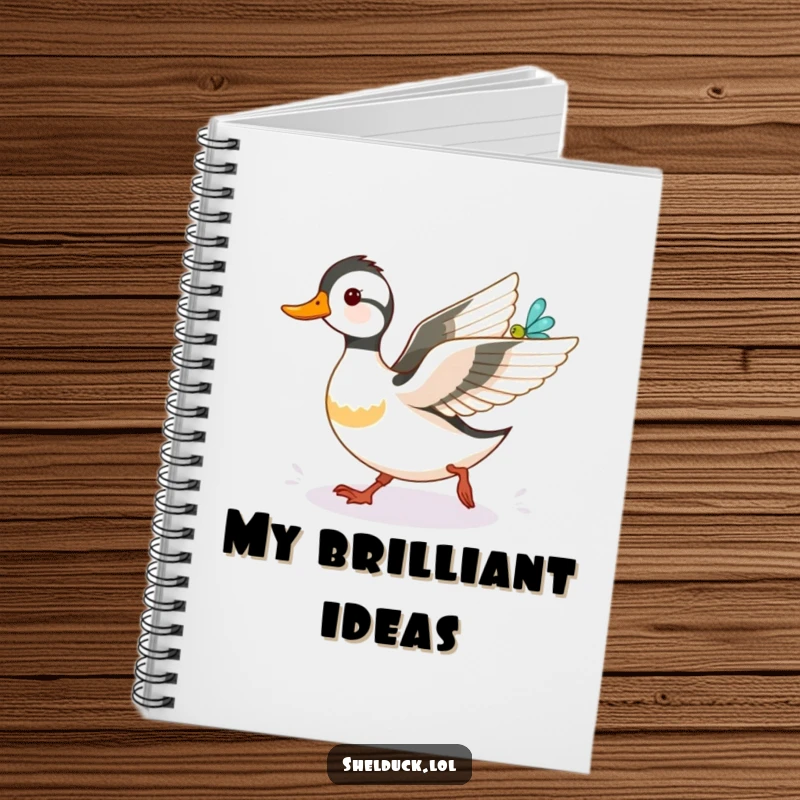 Funny shelduck notebook, gleefully chasing a dragonfly across the cover, inspiring notes and sketches with its humorous wildlife illustration.