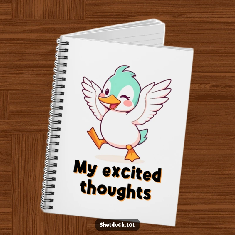 Funny Shelduck Notebook, featuring a cute cartoon bird character flapping its wings with excitement, ideal for writing notes.