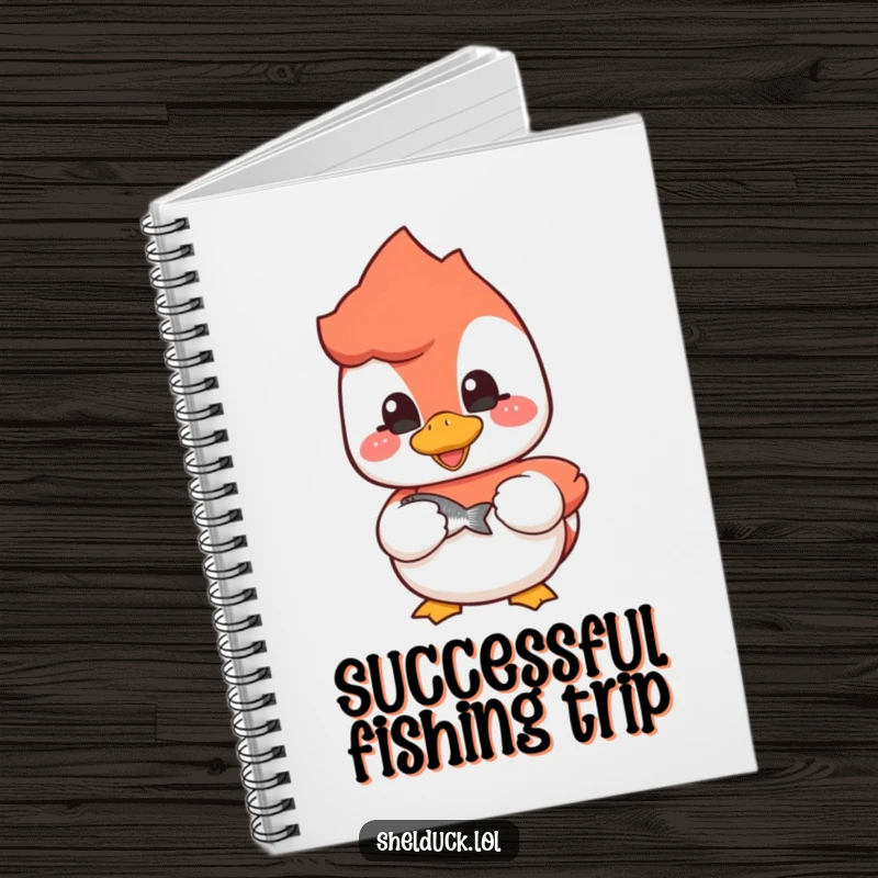 Funny shelduck notebook with a cheerful bird holding a fish, perfect for note-taking and journaling.