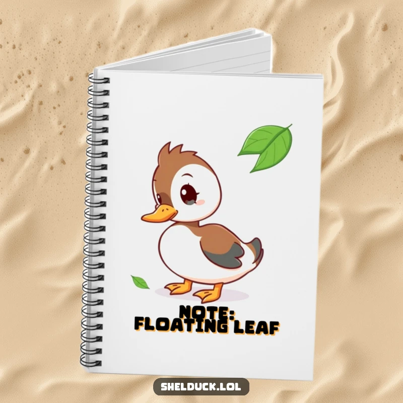 Funny Notebook cover with a curious shelduck character tilting its head at a floating leaf.