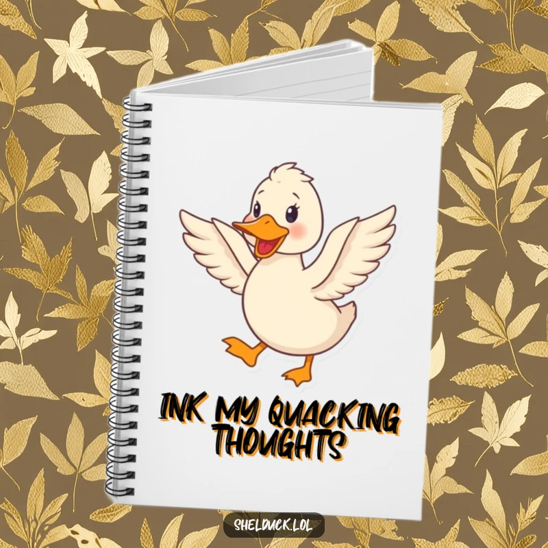 Funny shelduck notebook design with a cute bird happily quacking and flapping its wings energetically.