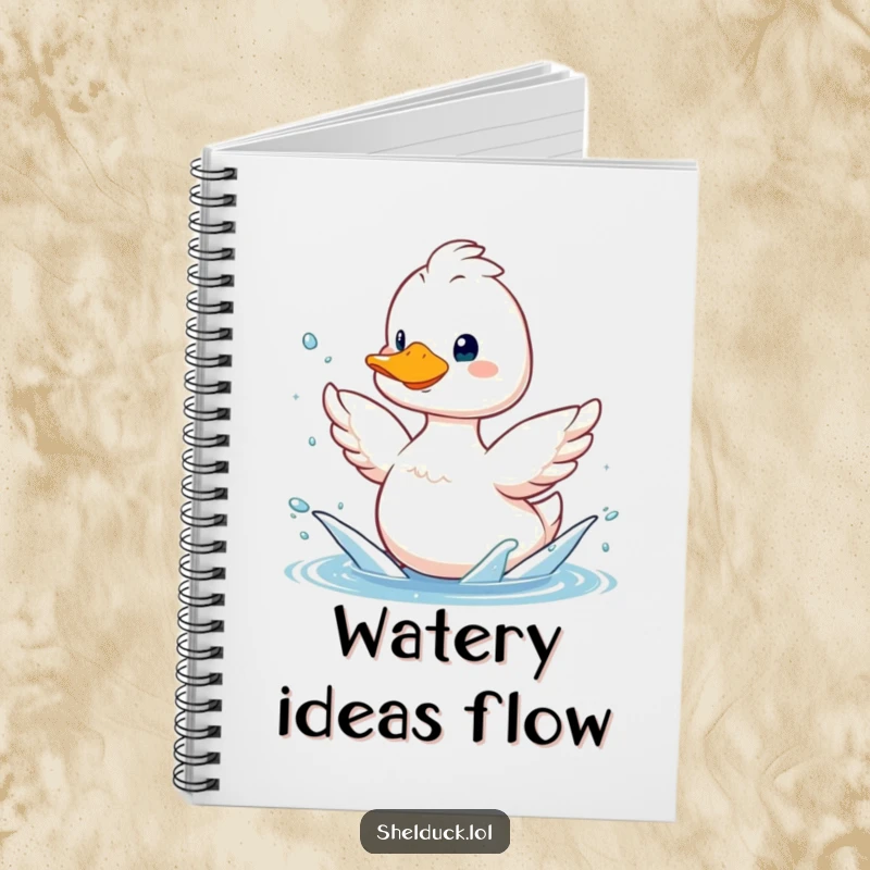 Funny shelduck notebook, smiling bird splashing water with its wings, humorous journal for creative minds.