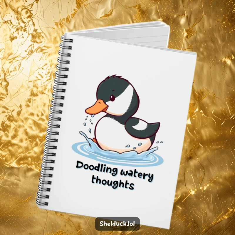 Funny notebook with a shelduck bird playfully splashing water with its beak, ideal for capturing fun and creative thoughts.