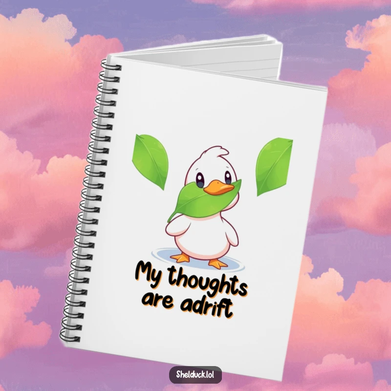 Funny shelduck notebook with a surprised duck and a leaf, ideal for writing, journaling, and humorous note-taking.