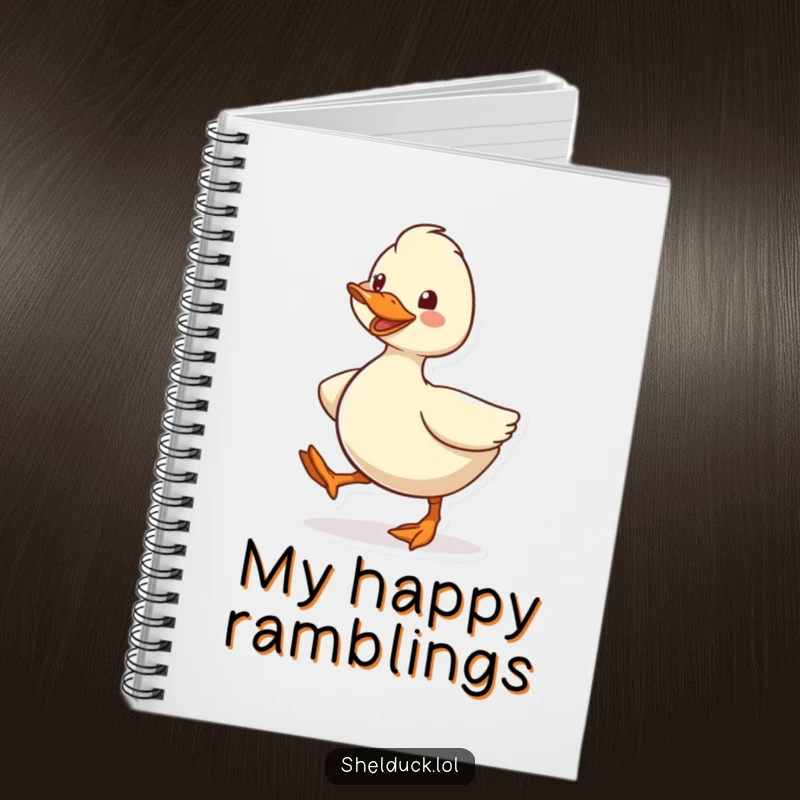 Funny Shelduck Notebook, featuring a cute cartoon bird character waddling energetically with a happy grin, ideal for writing notes.