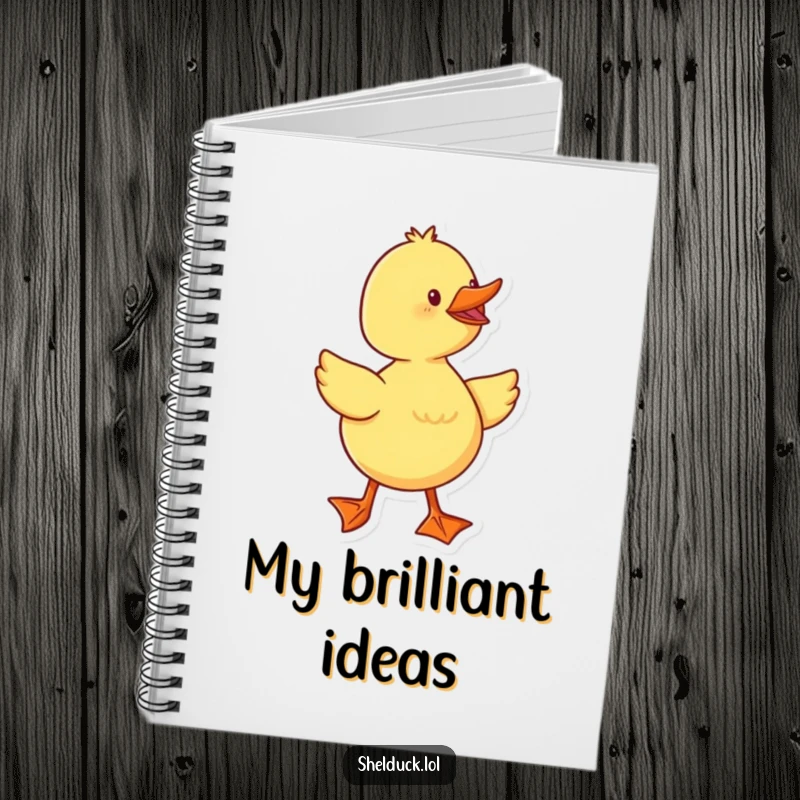 Funny duckling with a cheerful waddle and webbed feet, adorning a lined notebook for writing.