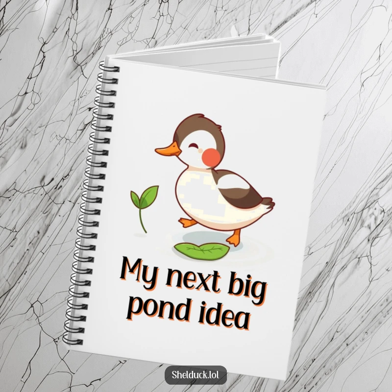 Funny shelduck notebook showing a bird playfully chasing a tiny floating leaf, a charming tool for note-taking and creativity.