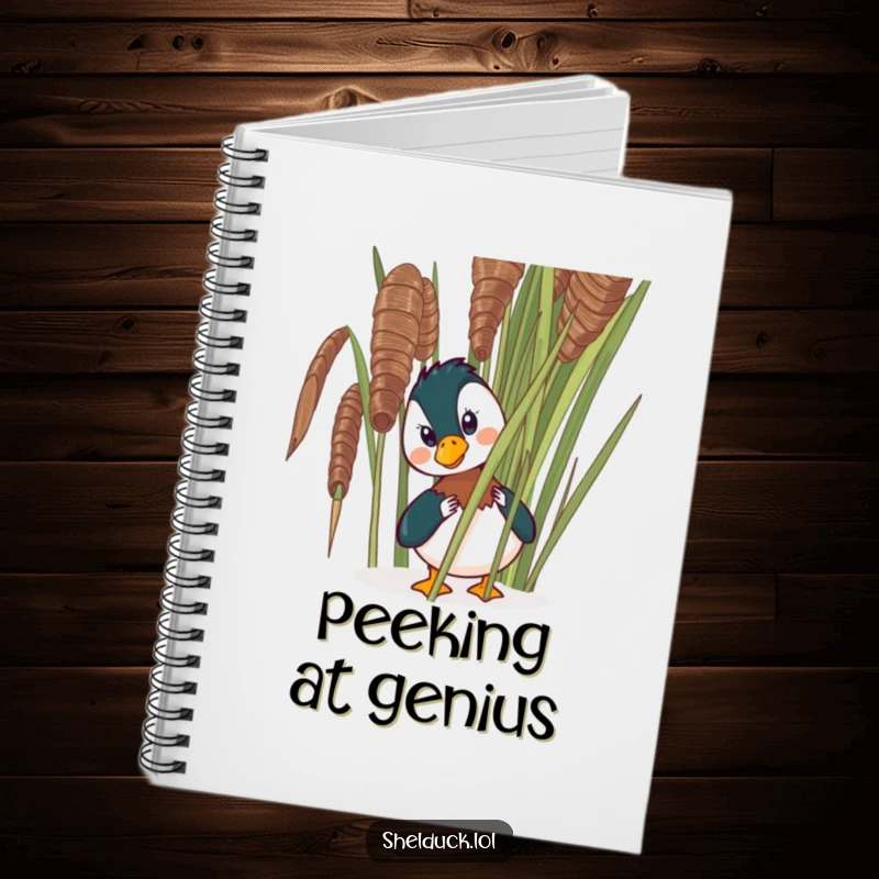 Funny shelduck notebook featuring a comical bird peeking from behind a reed, designed to inspire humorous notes and ideas.