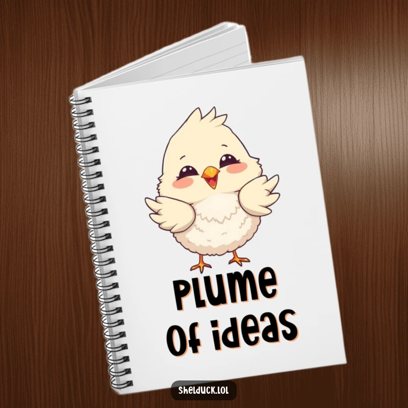 Funny notebook cover with a fluffy bird with a big smile, playfully dipping its tail feathers for inspiration.