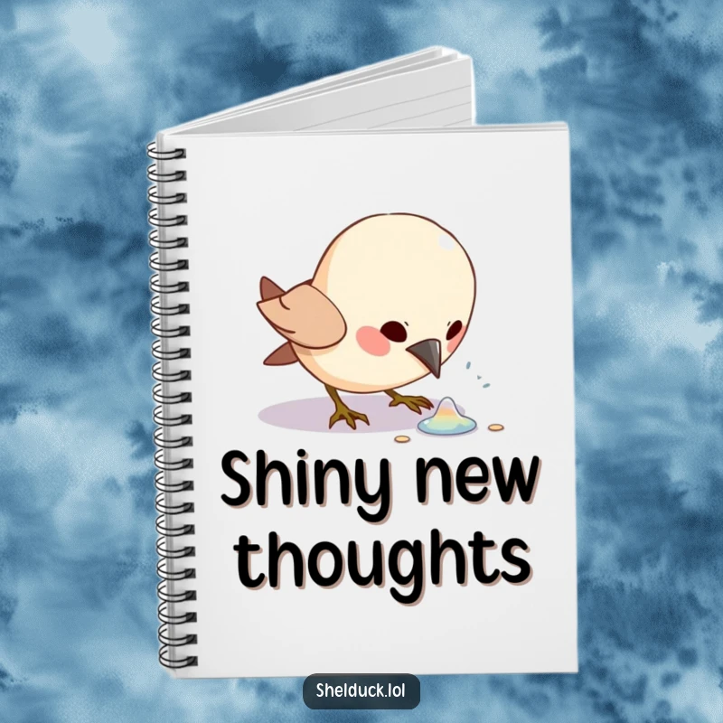 Funny bird character excitedly pecking at a shiny object, featured on a lined notebook for writing.