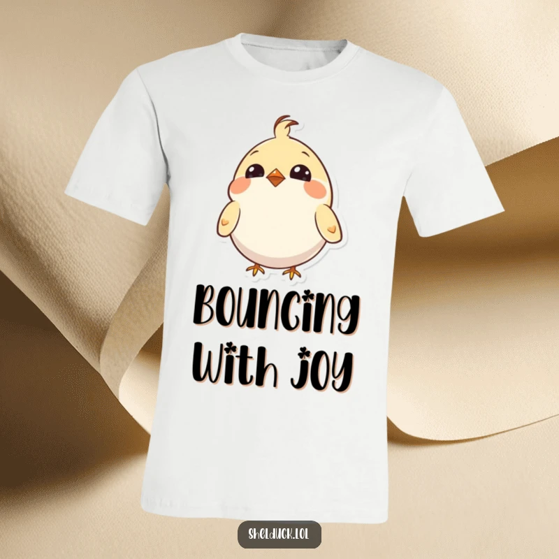 Funny t-shirt featuring a cute, round bird with wide eyes, enthusiastically bobbing its head in happy motion.