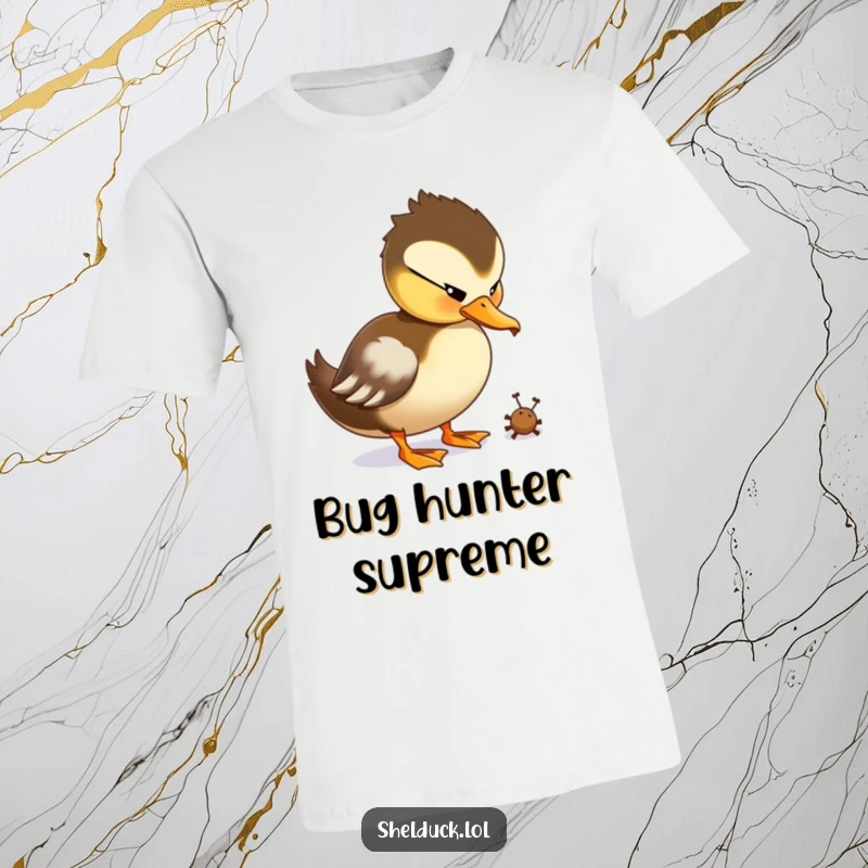 Funny Shelduck T-Shirt showcasing a duck playfully pecking at a tiny bug with concentration.