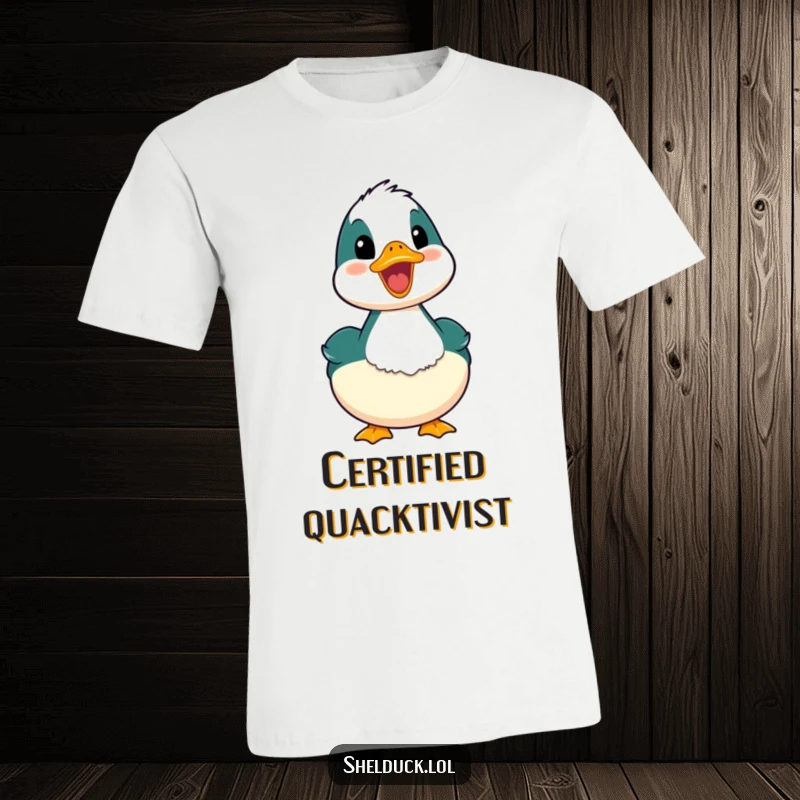 Funny shelduck t-shirt showing a bird with its mouth open, emitting a happy quack, a symbol of unbridled joy.
