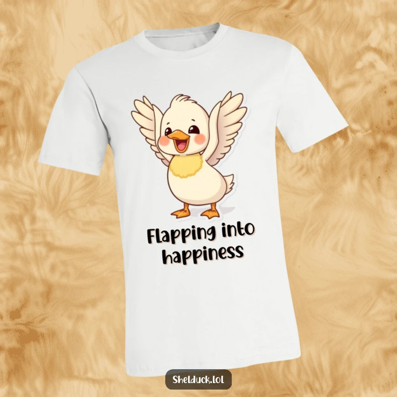 Funny delighted shelduck t-shirt with a cute bird energetically flapping its wings in sheer delight and happiness.