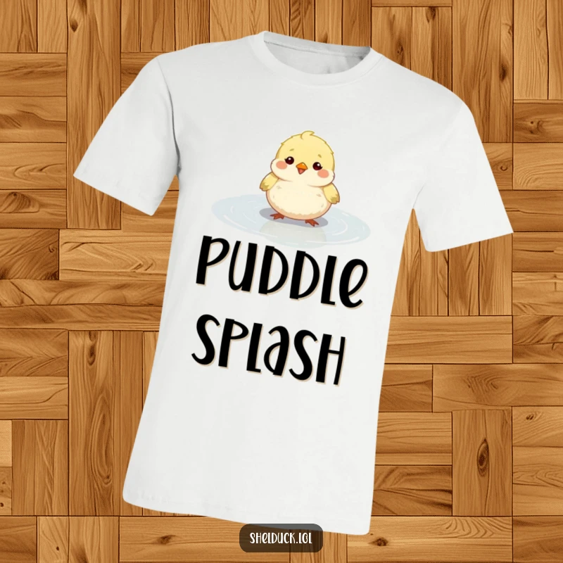 Funny small round bird t-shirt, fluffy, happily bobbing in a shallow puddle, cute animal, great funny gift.