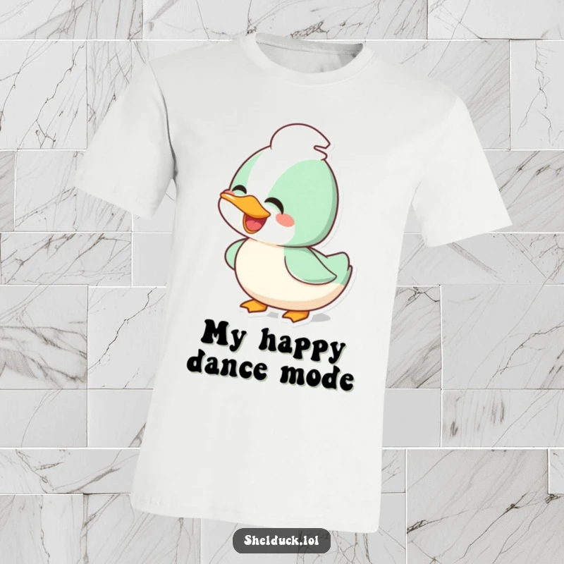 Funny joyful shelduck t-shirt with a happy bird energetically bobbing its head, showcasing pure delight and amusement.