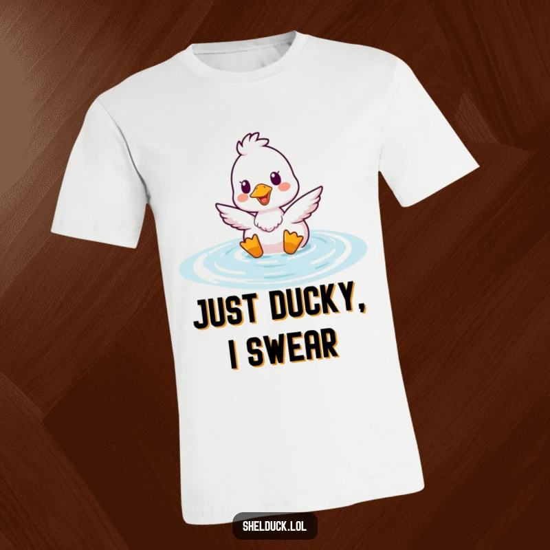 Funny Shelduck Bobbing T-Shirt showing a happy duck surfacing from water, a humorous and cheerful design for apparel.