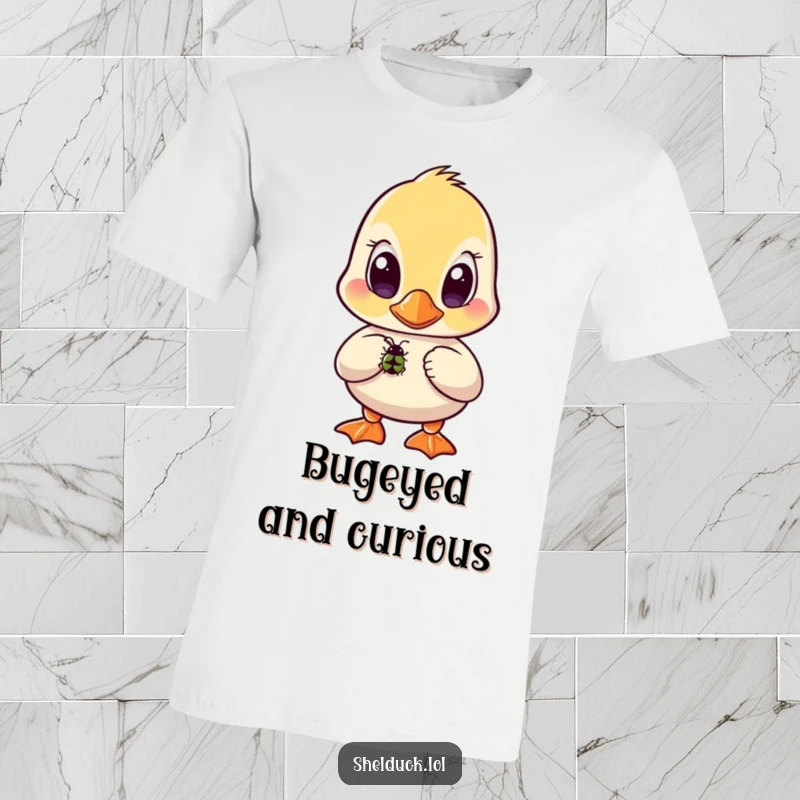 Funny shelduck t-shirt showing a bird with wide, curious eyes focused intently on a tiny bug.