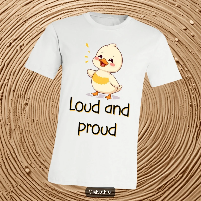 Funny Shelduck T-Shirt: A vibrant illustration of a shelduck bird with its beak open, emitting a funny chirping sound, expressing pure mirth.
