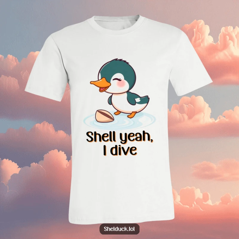 Funny Shelduck Diving T-Shirt: A shelduck humorously diving with excitement for a shell, a wearable funny gift.