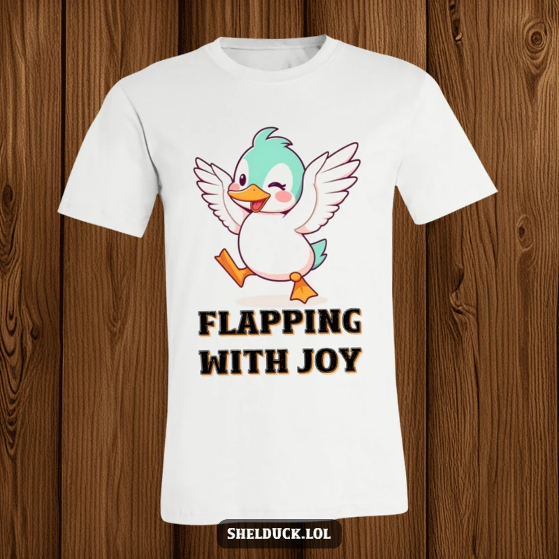 Funny Shelduck T-Shirt, featuring a cute cartoon bird flapping its wings with great excitement and happiness, ideal for casual wear.