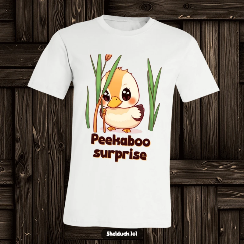 Funny shelduck t-shirt, wide-eyed bird peeking from behind reed, curious expression, humorous apparel, ideal gift.