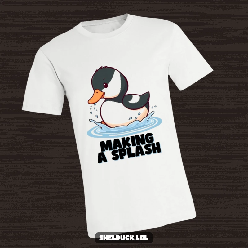 Funny t-shirt featuring a shelduck bird gleefully splashing water with its beak, celebrating pure, unadulterated fun.