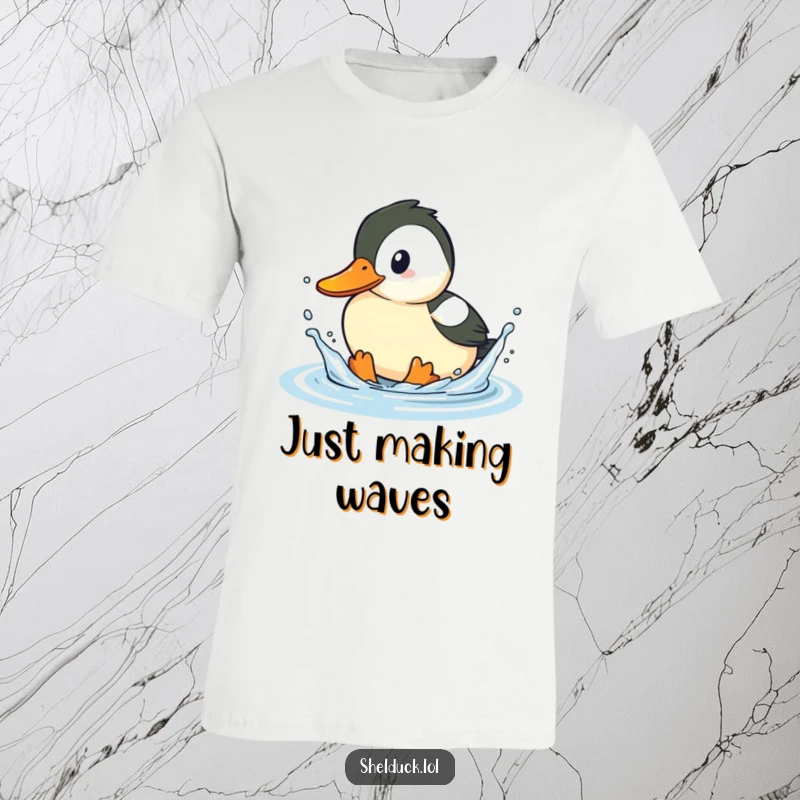 Funny shelduck t-shirt, playful bird splashing water with beak, aquatic theme, humorous apparel, ideal gift.