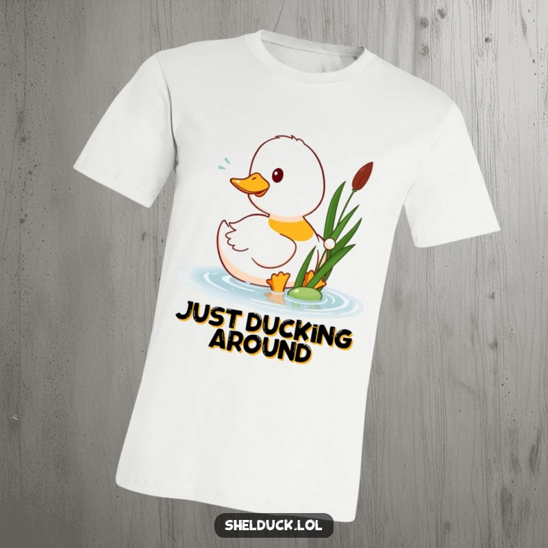 Funny shelduck t-shirt featuring a happy shelduck bird playfully pecking at a floating reed, a delightful and amusing illustration.