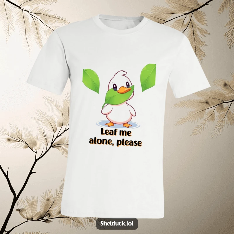 Funny shelduck t-shirt showing a duck shocked by a leaf, ideal for humorous casual wear and unique gifts.