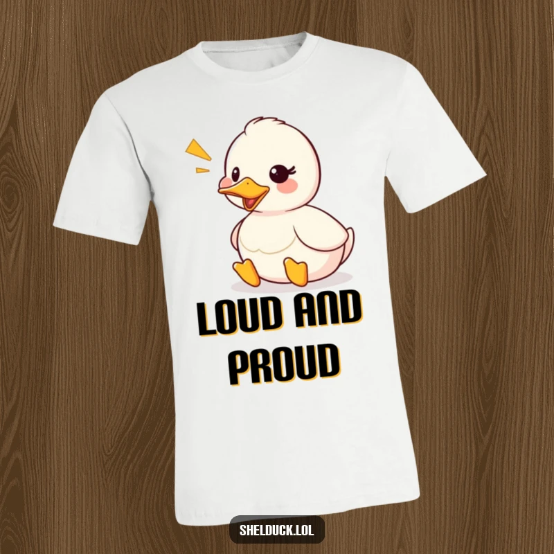 Funny shelduck t-shirt featuring a cute duck character joyfully quacking, with a visible sound wave graphic symbolizing its happy call.